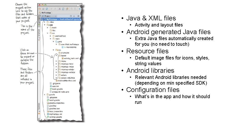  • Java & XML files • Activity and layout files • Android generated