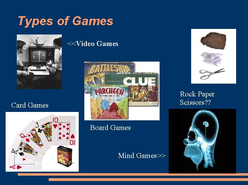 Types of Games <<Video Games Rock Paper Scissors? ? Card Games Board Games Mind