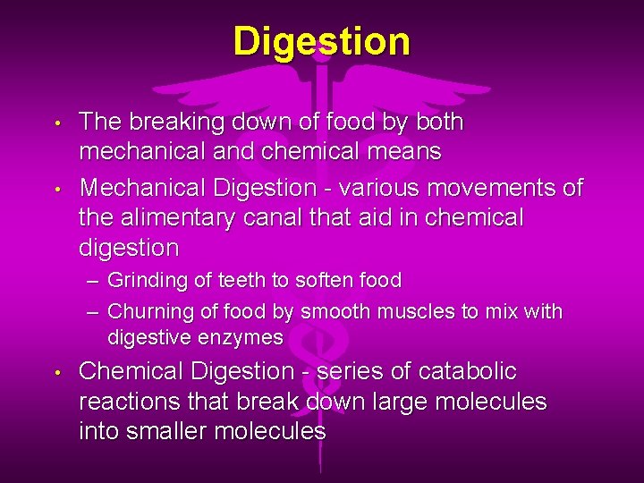 Digestion • • The breaking down of food by both mechanical and chemical means