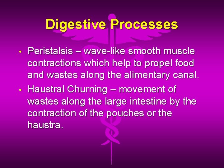 Digestive Processes • • Peristalsis – wave-like smooth muscle contractions which help to propel