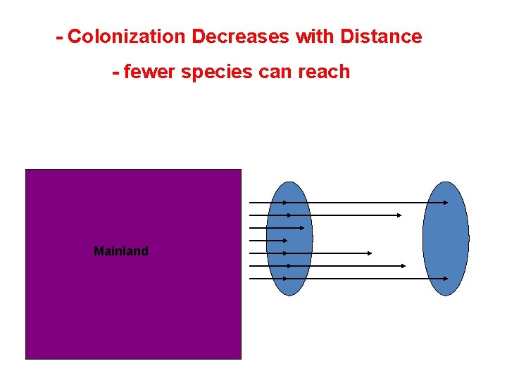 - Colonization Decreases with Distance - fewer species can reach Mainland 