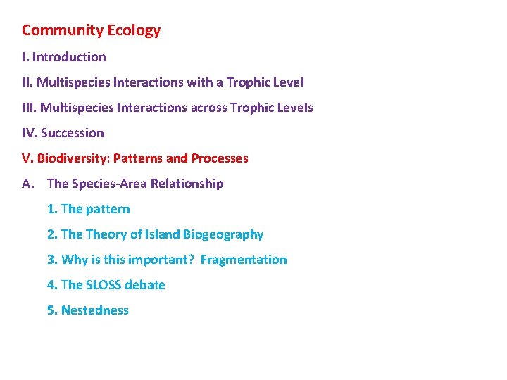 Community Ecology I. Introduction II. Multispecies Interactions with a Trophic Level III. Multispecies Interactions