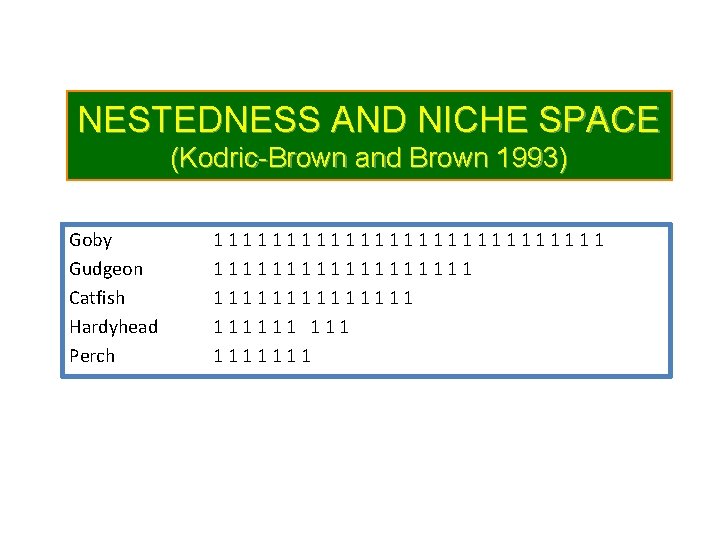 NESTEDNESS AND NICHE SPACE (Kodric-Brown and Brown 1993) Goby Gudgeon Catfish Hardyhead Perch 11111111111111