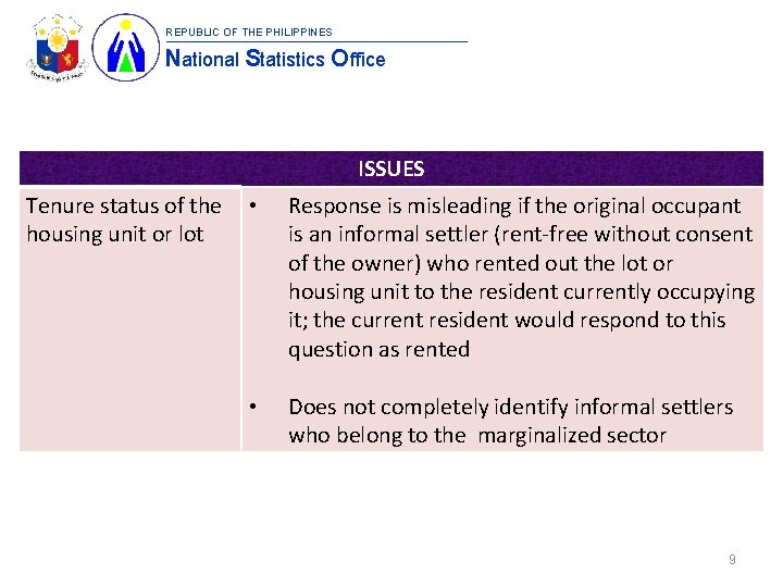 REPUBLIC OF THE PHILIPPINES National Statistics Office ISSUES Tenure status of the housing unit