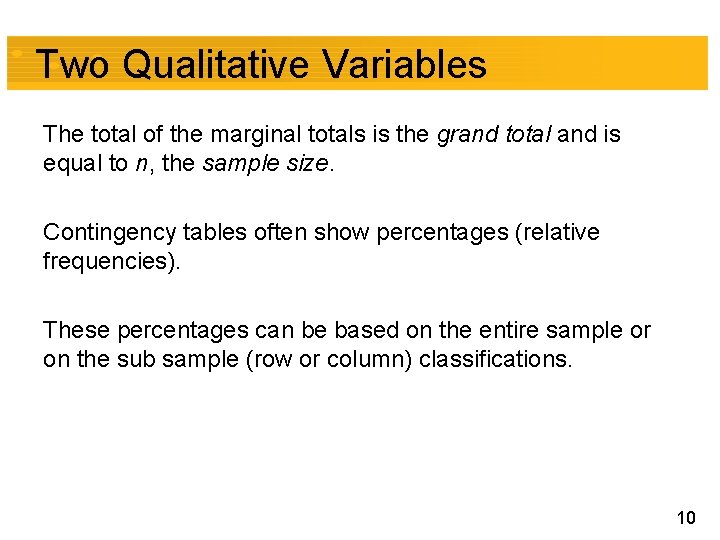 Two Qualitative Variables The total of the marginal totals is the grand total and