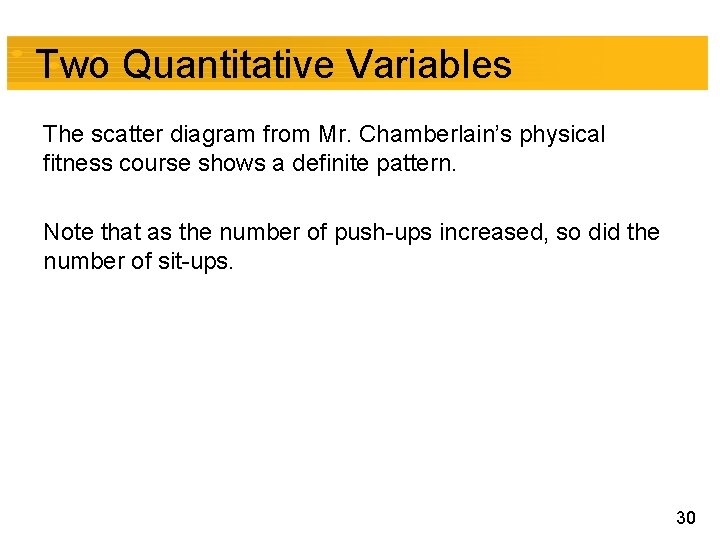 Two Quantitative Variables The scatter diagram from Mr. Chamberlain’s physical fitness course shows a