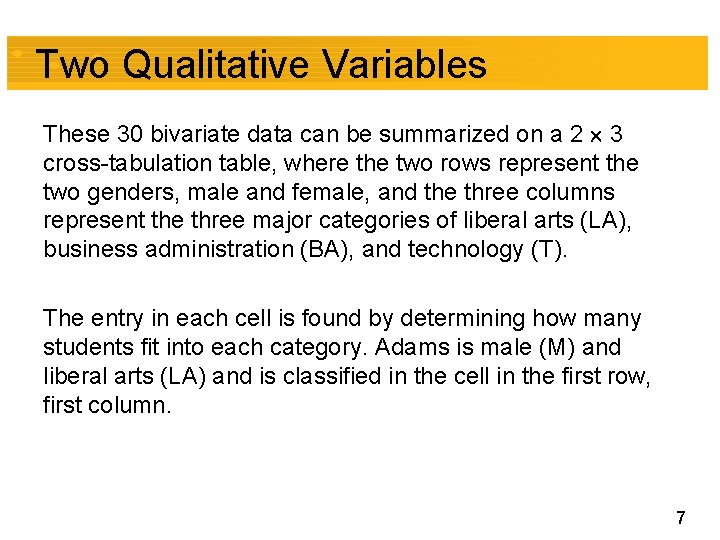 Two Qualitative Variables These 30 bivariate data can be summarized on a 2 3