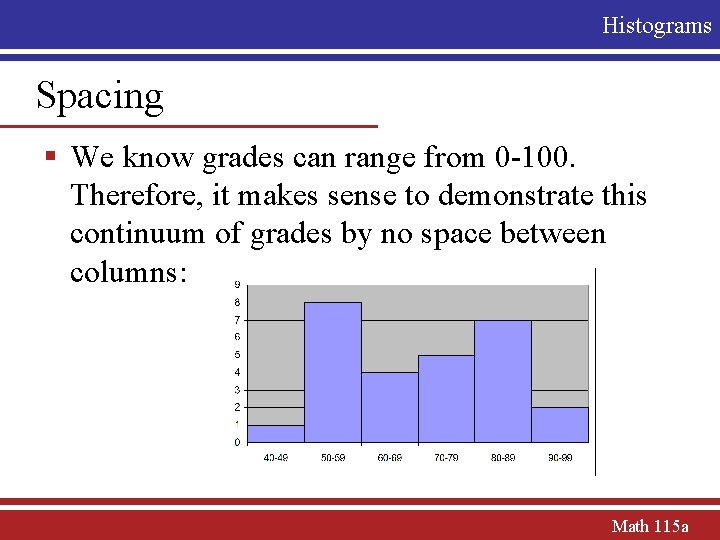 Histograms Spacing § We know grades can range from 0 -100. Therefore, it makes