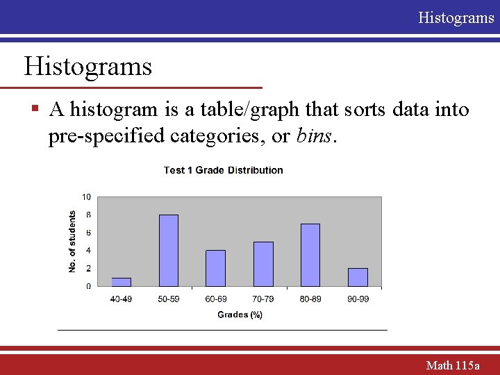 Histograms § A histogram is a table/graph that sorts data into pre-specified categories, or