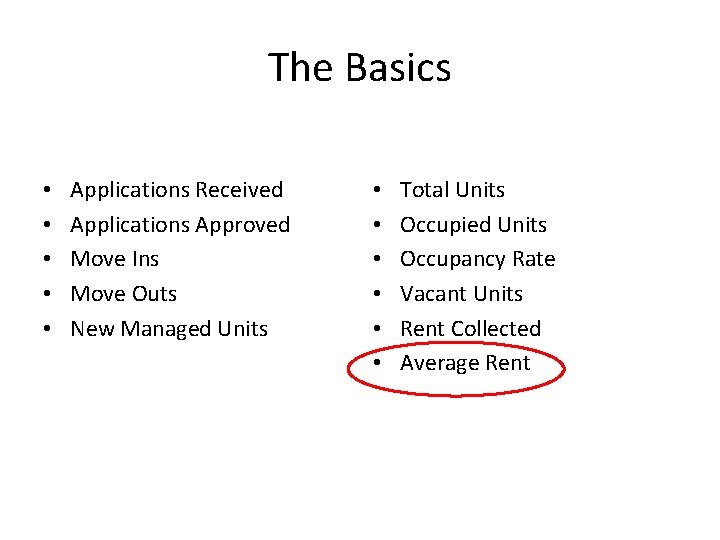 The Basics • • • Applications Received Applications Approved Move Ins Move Outs New