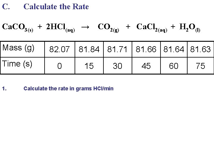 C. Calculate the Rate Ca. CO 3(s) + 2 HCl(aq) → Mass (g) 82. C. Calculate the Rate Ca. CO 3(s) + 2 HCl(aq) → Mass (g) 82.