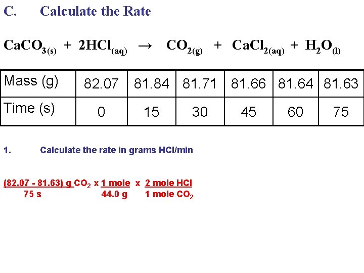 C. Calculate the Rate Ca. CO 3(s) + 2 HCl(aq) → Mass (g) 82. C. Calculate the Rate Ca. CO 3(s) + 2 HCl(aq) → Mass (g) 82.