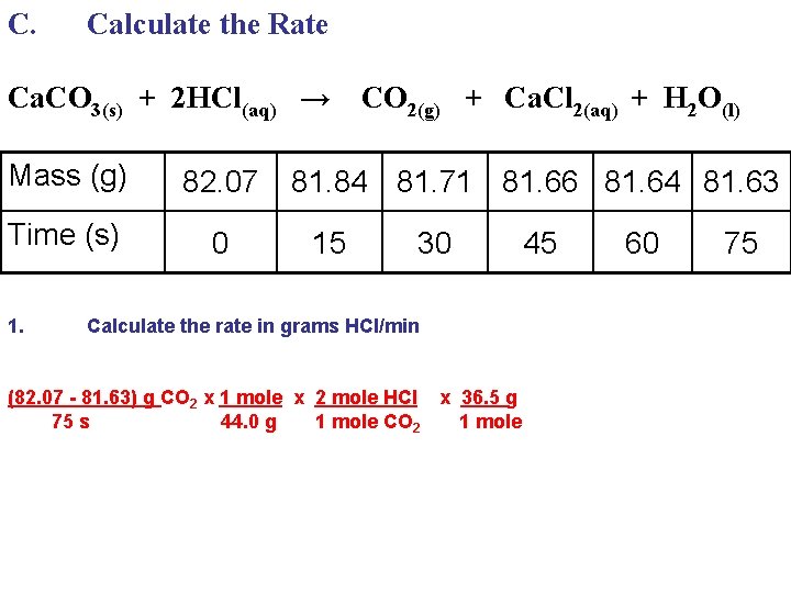 C. Calculate the Rate Ca. CO 3(s) + 2 HCl(aq) → Mass (g) 82. C. Calculate the Rate Ca. CO 3(s) + 2 HCl(aq) → Mass (g) 82.