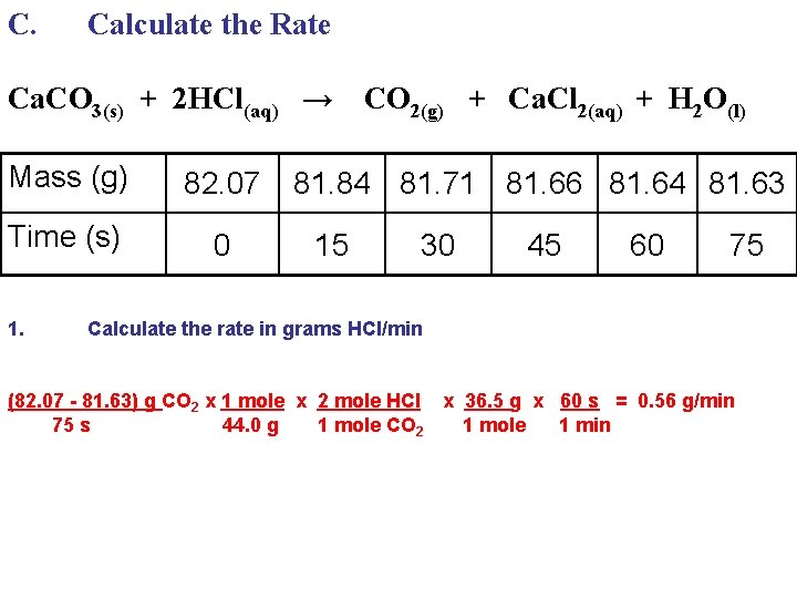 C. Calculate the Rate Ca. CO 3(s) + 2 HCl(aq) → Mass (g) 82. C. Calculate the Rate Ca. CO 3(s) + 2 HCl(aq) → Mass (g) 82.