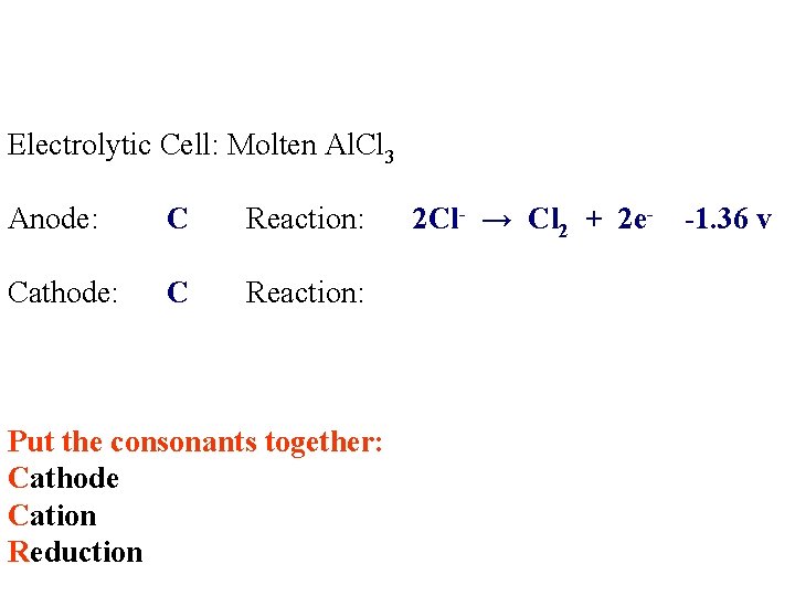 Electrolytic Cell: Molten Al. Cl 3 Anode: C Reaction: Cathode: C Reaction: Put the Electrolytic Cell: Molten Al. Cl 3 Anode: C Reaction: Cathode: C Reaction: Put the