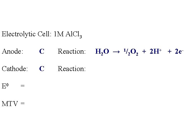 Electrolytic Cell: 1 M Al. Cl 3 Anode: C Reaction: Cathode: C Reaction: E Electrolytic Cell: 1 M Al. Cl 3 Anode: C Reaction: Cathode: C Reaction: E