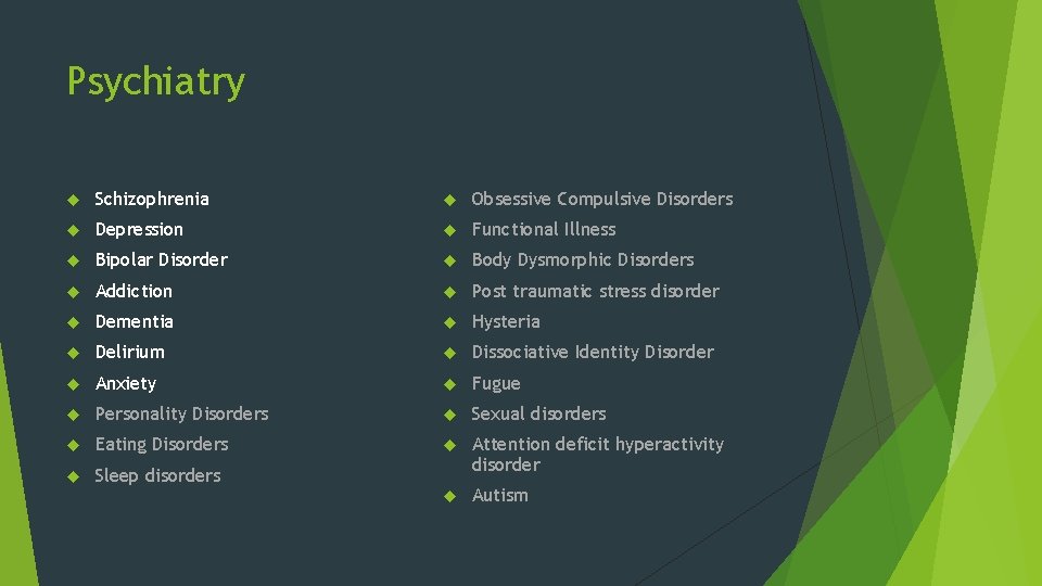 Psychiatry Schizophrenia Obsessive Compulsive Disorders Depression Functional Illness Bipolar Disorder Body Dysmorphic Disorders Addiction