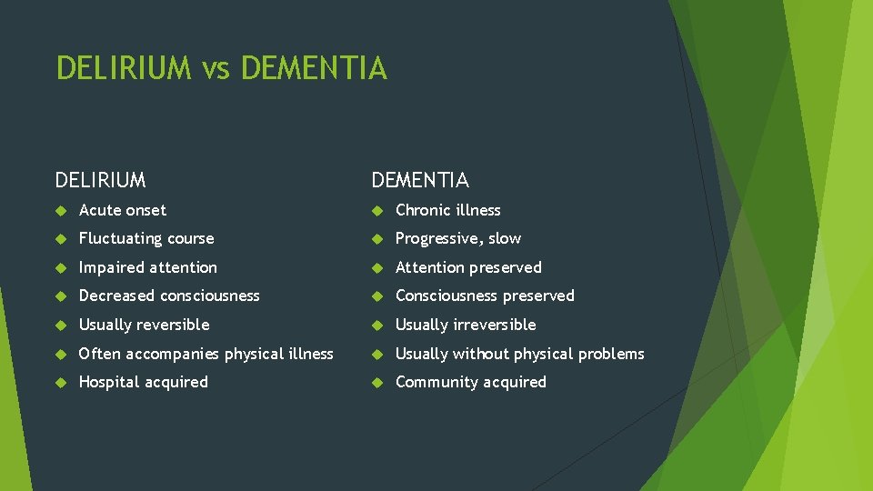 DELIRIUM vs DEMENTIA DELIRIUM DEMENTIA Acute onset Chronic illness Fluctuating course Progressive, slow Impaired