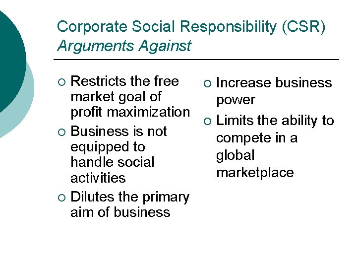 Corporate Social Responsibility (CSR) Arguments Against Restricts the free market goal of profit maximization