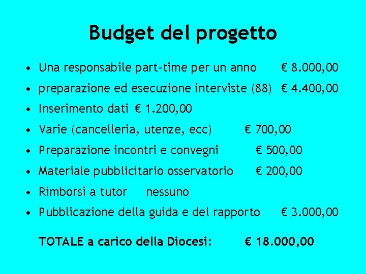 Budget del progetto • Una responsabile part-time per un anno € 8. 000, 00