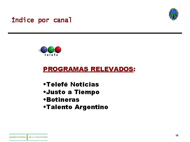 Índice por canal PROGRAMAS RELEVADOS: • Telefé Noticias • Justo a Tiempo • Botineras