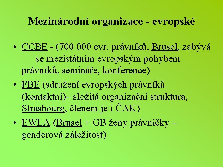 Mezinárodní organizace - evropské • CCBE - (700 000 evr. právníků, Brusel, zabývá se