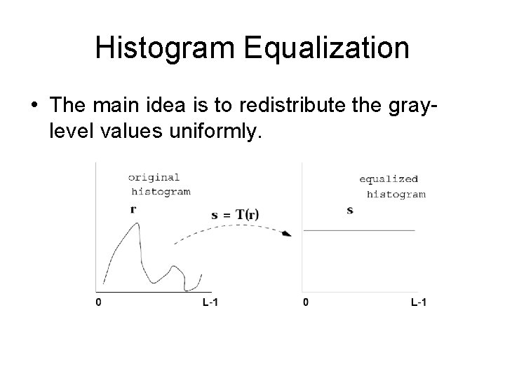 Histogram Equalization • The main idea is to redistribute the graylevel values uniformly. 