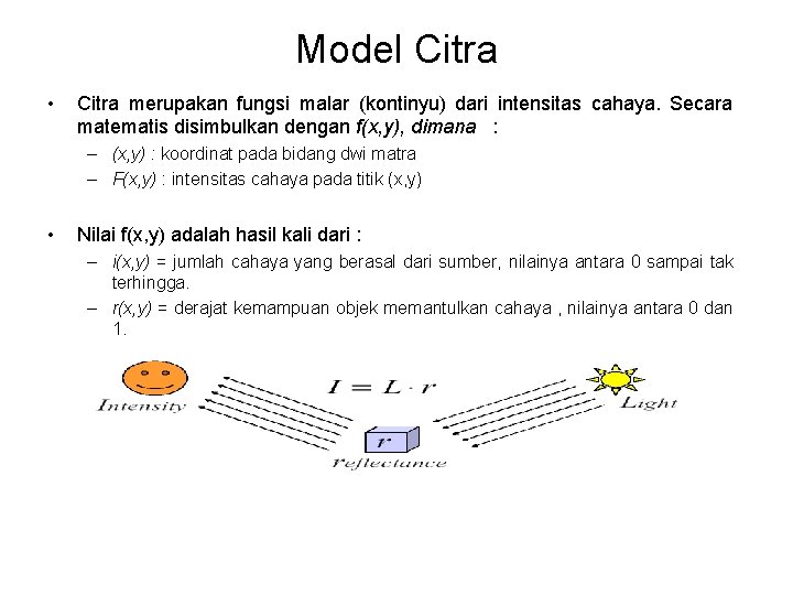 Model Citra • Citra merupakan fungsi malar (kontinyu) dari intensitas cahaya. Secara matematis disimbulkan