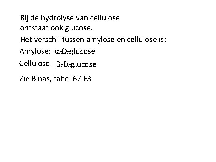 Bij de hydrolyse van cellulose ontstaat ook glucose. Het verschil tussen amylose en cellulose