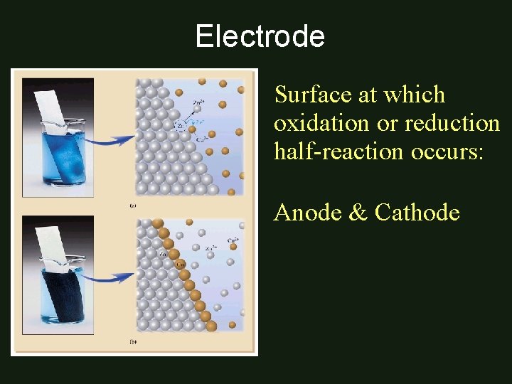 Electrode Surface at which oxidation or reduction half-reaction occurs: Anode & Cathode 