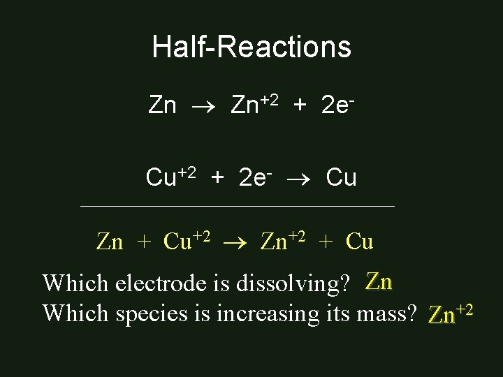 Half-Reactions Zn Zn+2 + 2 e. Cu+2 + 2 e- Cu _____________ Zn +