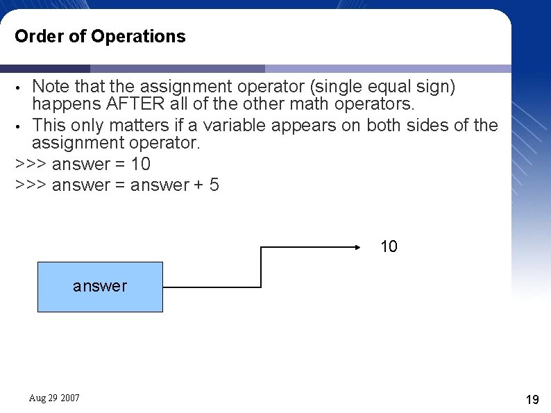 Order of Operations Note that the assignment operator (single equal sign) happens AFTER all