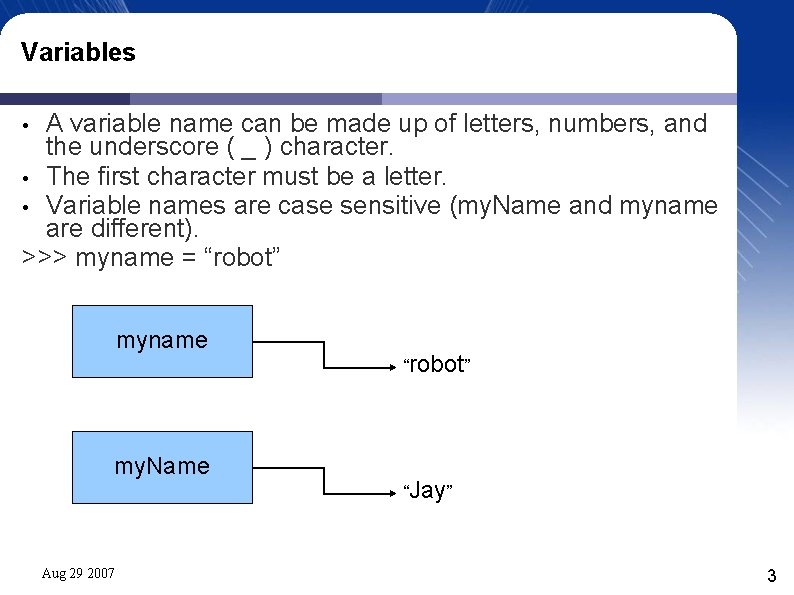 Variables A variable name can be made up of letters, numbers, and the underscore