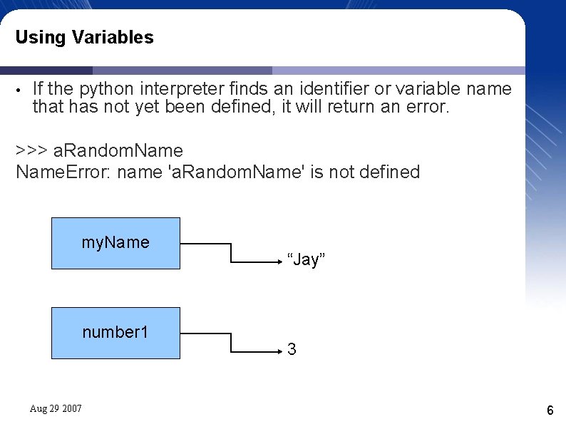 Using Variables • If the python interpreter finds an identifier or variable name that