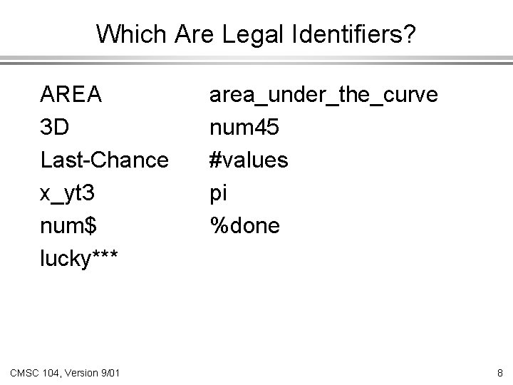 Which Are Legal Identifiers? AREA 3 D Last-Chance x_yt 3 num$ lucky*** CMSC 104,