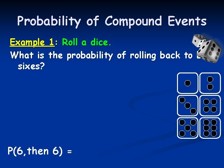 Probability of Compound Events Example 1: Roll a dice. What is the probability of Probability of Compound Events Example 1: Roll a dice. What is the probability of