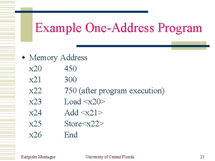 Example One-Address Program w Memory Address x 20 450 x 21 300 x 22