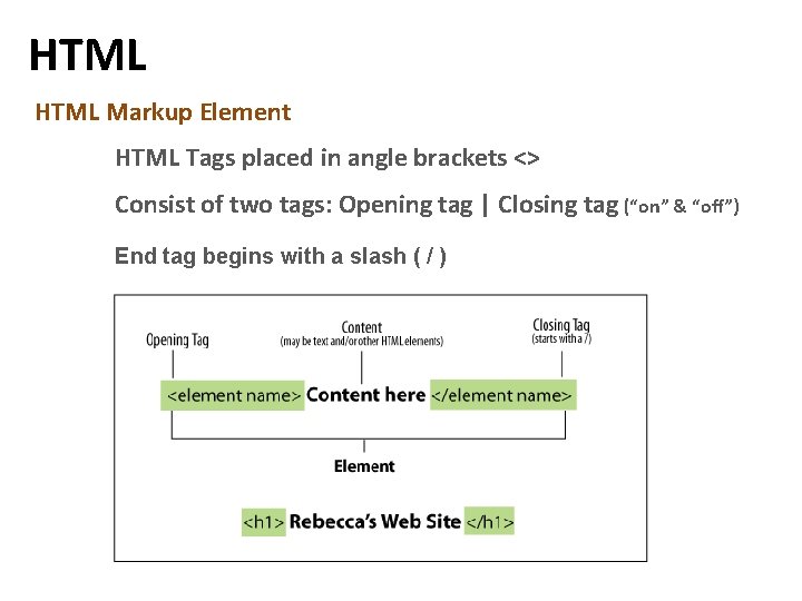 HTML Markup Element HTML Tags placed in angle brackets <> Consist of two tags: HTML Markup Element HTML Tags placed in angle brackets <> Consist of two tags: