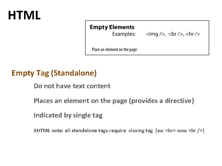HTML Empty Tag (Standalone) Do not have text content Places an element on the HTML Empty Tag (Standalone) Do not have text content Places an element on the