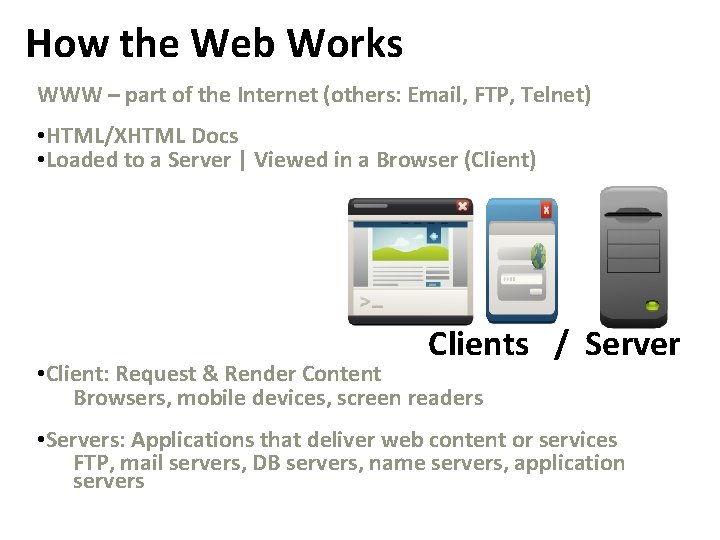 How the Web Works WWW – part of the Internet (others: Email, FTP, Telnet) How the Web Works WWW – part of the Internet (others: Email, FTP, Telnet)