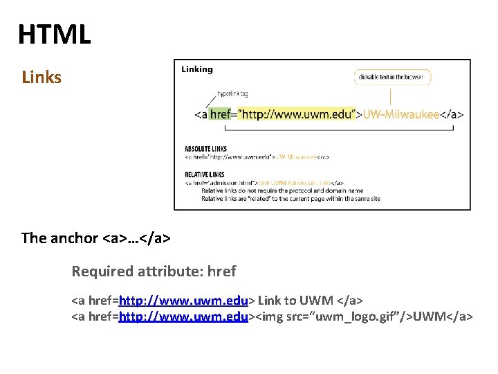 HTML Links The anchor <a>…</a> Required attribute: href <a href=http: //www. uwm. edu> Link HTML Links The anchor <a>…</a> Required attribute: href <a href=http: //www. uwm. edu> Link