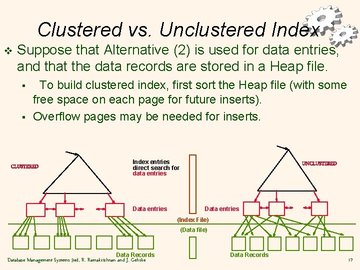 Clustered vs. Unclustered Index v Suppose that Alternative (2) is used for data entries,