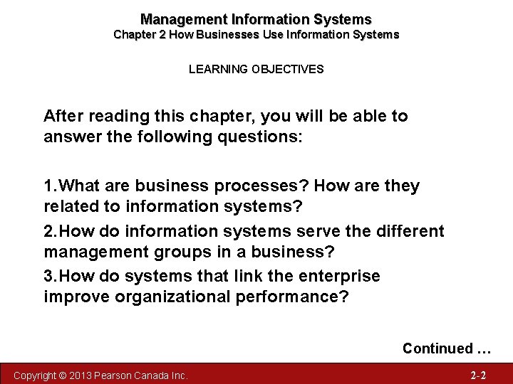 Management Information Systems Chapter 2 How Businesses Use Information Systems LEARNING OBJECTIVES After reading