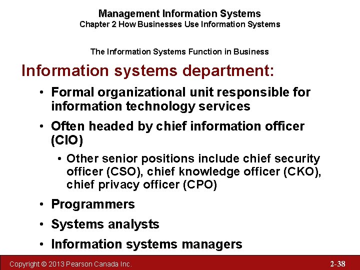 Management Information Systems Chapter 2 How Businesses Use Information Systems The Information Systems Function
