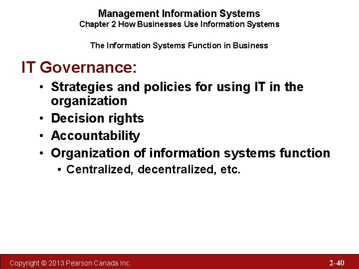 Management Information Systems Chapter 2 How Businesses Use Information Systems The Information Systems Function