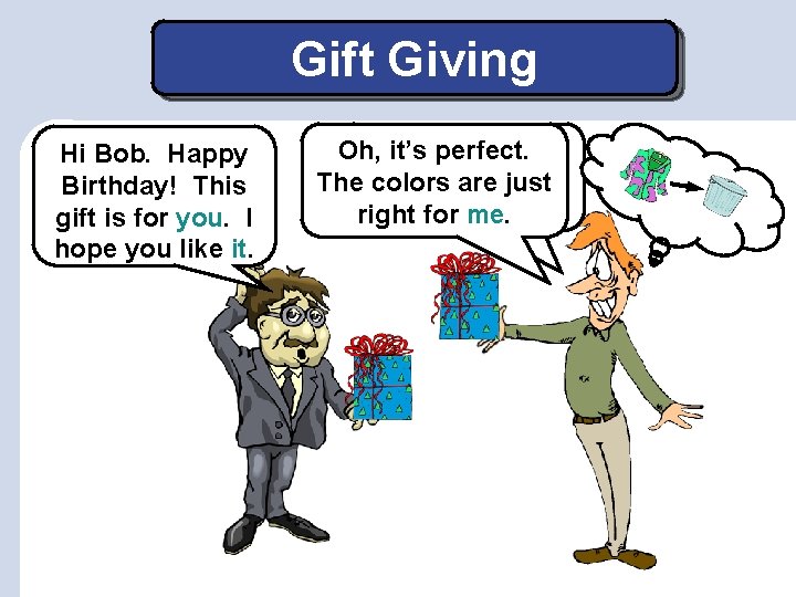 Gift Giving Hi Bob. Happy Birthday! This gift is for you. I hope you