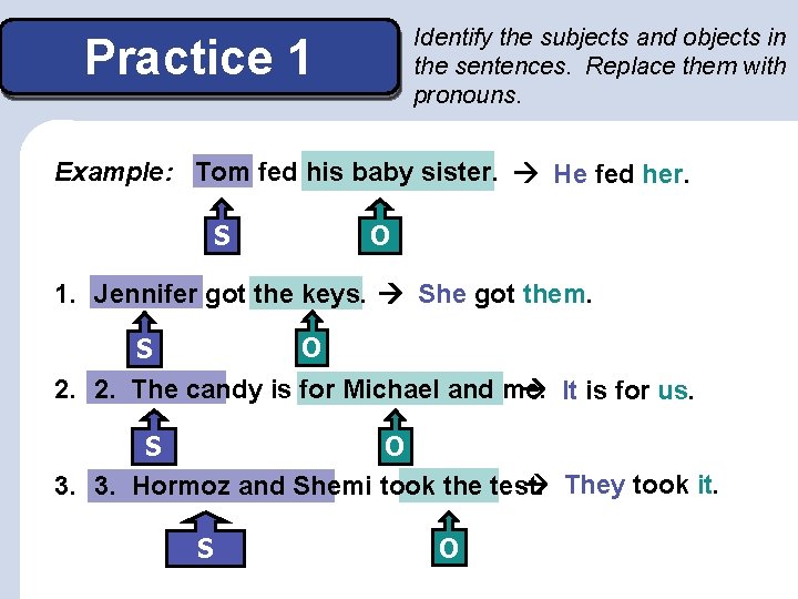 Identify the subjects and objects in the sentences. Replace them with pronouns. Practice 1