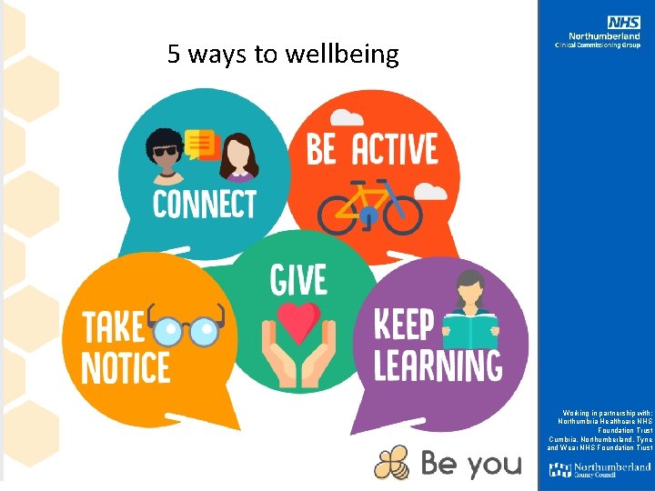 5 ways to wellbeing Working in partnership with: Northumbria Healthcare NHS Foundation Trust Cumbria,