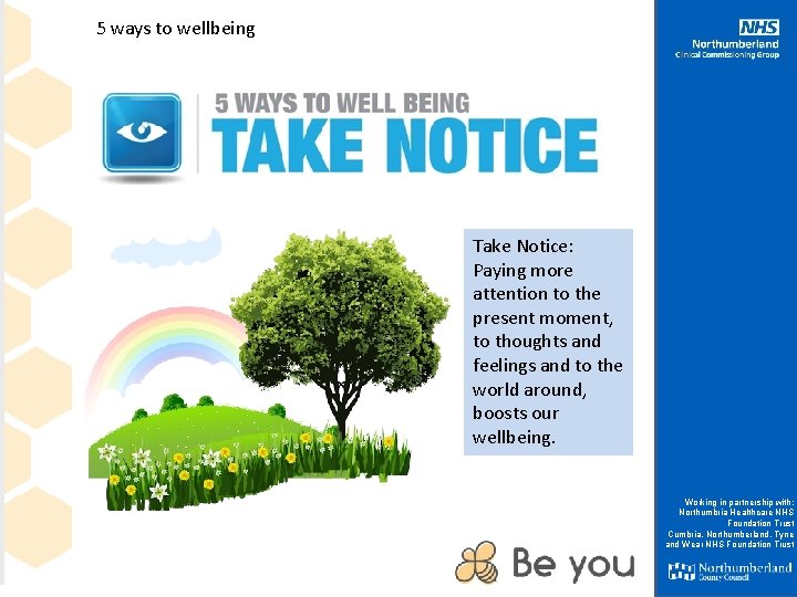 5 ways to wellbeing Take Notice: Paying more attention to the present moment, to