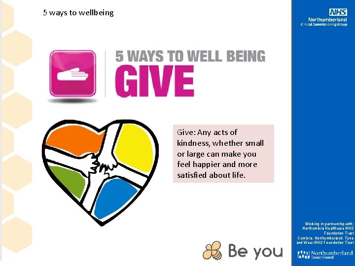 5 ways to wellbeing Give: Any acts of kindness, whether small or large can